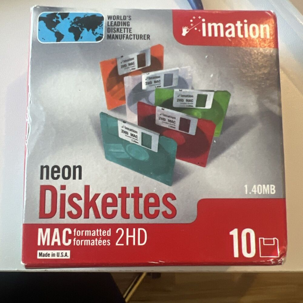 IMATION NEON DISKETTS MAC FORMATTED 2HD 1.40 MB * 10 PACK * 3.5 FLOPPY * NEW *